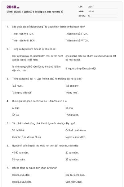 Đề thi giữa kì 1 Lịch Sử 6 có đáp án, cực hay (Đề 1)
