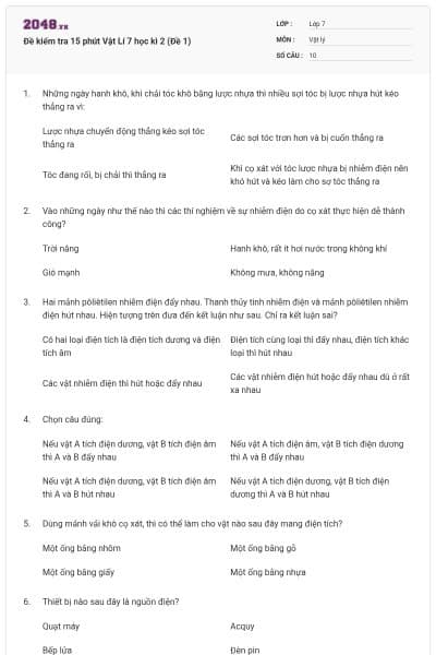 Đề kiểm tra 15 phút Vật Lí 7 học kì 2 (Đề 1)