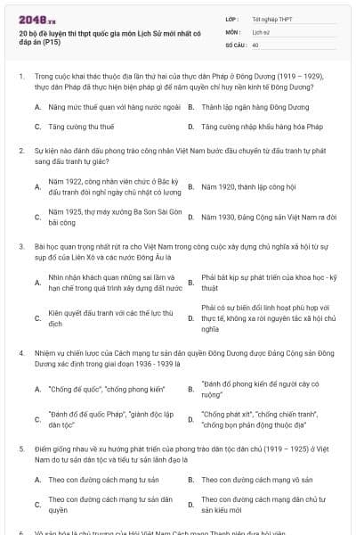 20 bộ đề luyện thi thpt quốc gia môn Lịch Sử mới nhất có đáp án (P15)