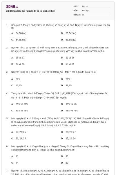 30 Bài tập Cấu tạo nguyên tử có lời giải chi tiết