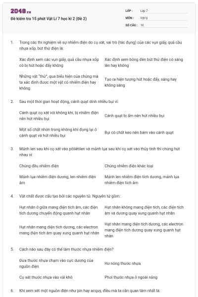 Đề kiểm tra 15 phút Vật Lí 7 học kì 2 (Đề 2)