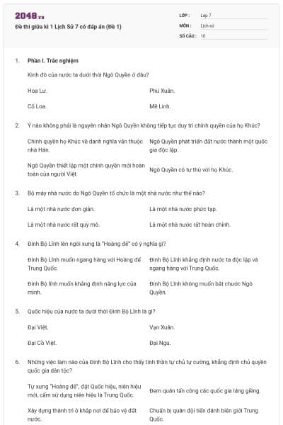 Đề thi giữa kì 1 Lịch Sử 7 có đáp án (Đề 1)