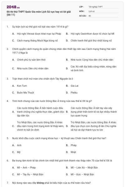 Đề thi thử THPT Quốc Gia môn Lịch Sử cực hay có lời giải (Đề 11)