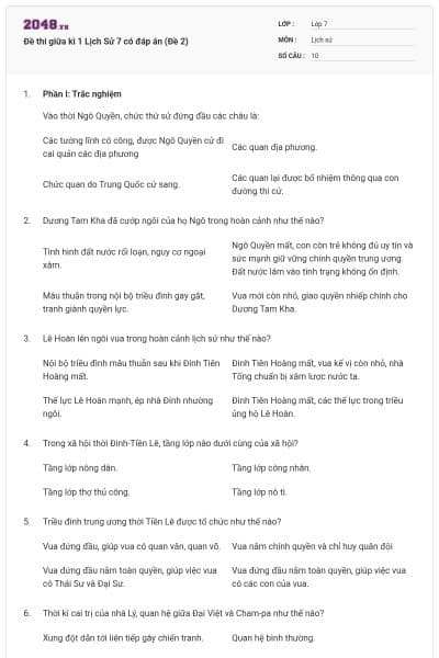 Đề thi giữa kì 1 Lịch Sử 7 có đáp án (Đề 2)