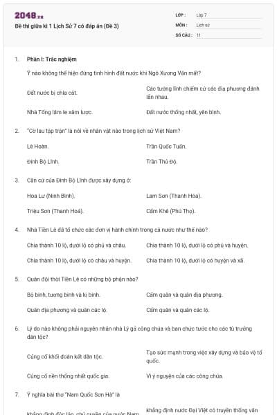 Đề thi giữa kì 1 Lịch Sử 7 có đáp án (Đề 3)