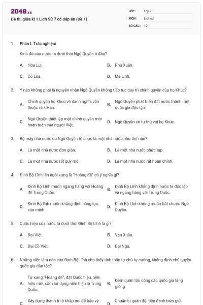 Đề thi giữa kì 1 Lịch Sử 7 có đáp án (Đề 1)