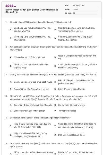 20 bộ đề luyện thi thpt quốc gia môn Lịch Sử mới nhất có đáp án (P16)