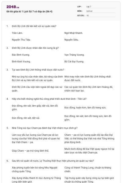 Đề thi giữa kì 1 Lịch Sử 7 có đáp án (Đề 4)
