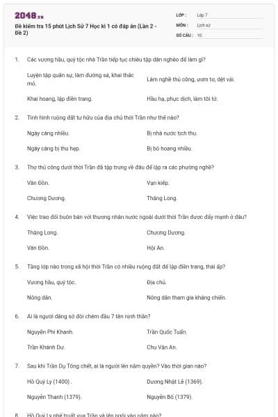 Đề kiểm tra 15 phút Lịch Sử 7 Học kì 1 có đáp án (Lần 2 - Đề 2)