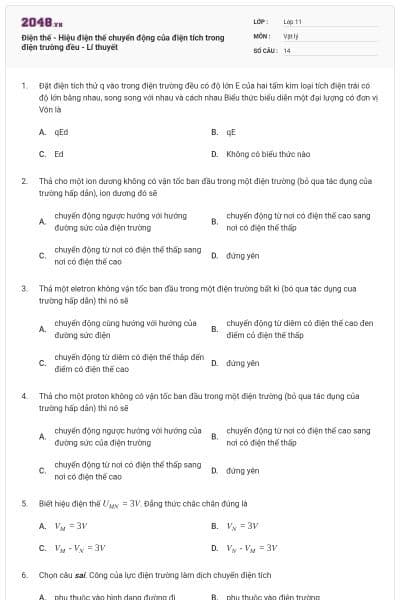 Điện thế - Hiệu điện thế chuyển động của điện tích trong điện trường đều - Lí thuyết