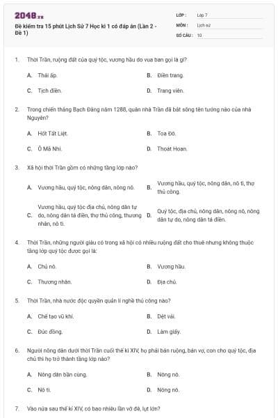 Đề kiểm tra 15 phút Lịch Sử 7 Học kì 1 có đáp án (Lần 2 - Đề 1)