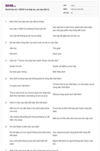 Đề thi Học kì 1 GDCD 6 có đáp án, cực hay (Đề 2)
