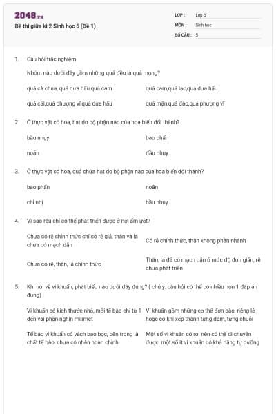 Đề thi giữa kì 2 Sinh học 6 (Đề 1)