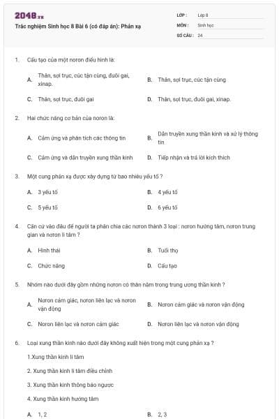 Trắc nghiệm Sinh học 8 Bài 6 (có đáp án): Phản xạ