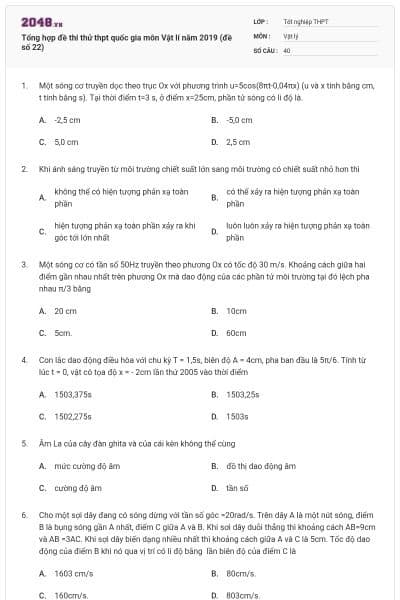 Tổng hợp đề thi thử thpt quốc gia môn Vật lí năm 2019 (đề số 22)