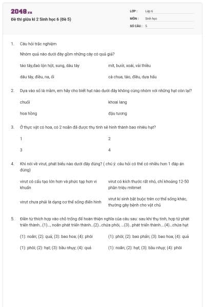 Đề thi giữa kì 2 Sinh học 6 (Đề 5)