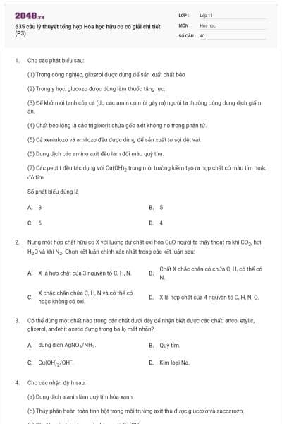 635 câu lý thuyết tổng hợp Hóa học hữu cơ có giải chi tiết (P3)