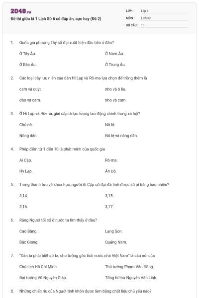 Đề thi giữa kì 1 Lịch Sử 6 có đáp án, cực hay (Đề 2)