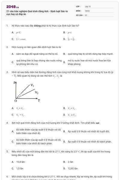21 câu trắc nghiệm Quá trình đẳng tích - Định luật Sác-lơ cực hay có đáp án