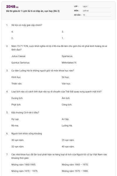 Đề thi giữa kì 1 Lịch Sử 6 có đáp án, cực hay (Đề 3)