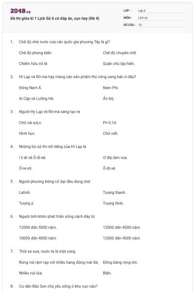 Đề thi giữa kì 1 Lịch Sử 6 có đáp án, cực hay (Đề 4)