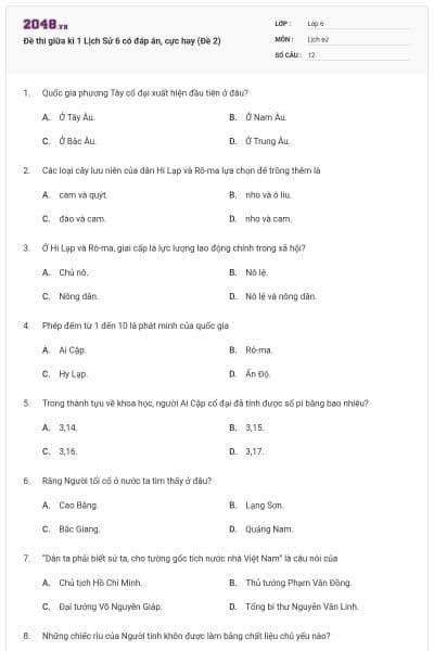Đề thi giữa kì 1 Lịch Sử 6 có đáp án, cực hay (Đề 2)