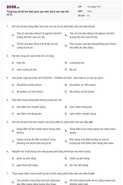 Tổng hợp đề thi thử thpt quốc gia môn Vật lí cực hay (đề số 5)