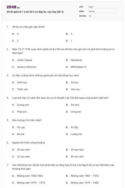 Đề thi giữa kì 1 Lịch Sử 6 có đáp án, cực hay (Đề 3)