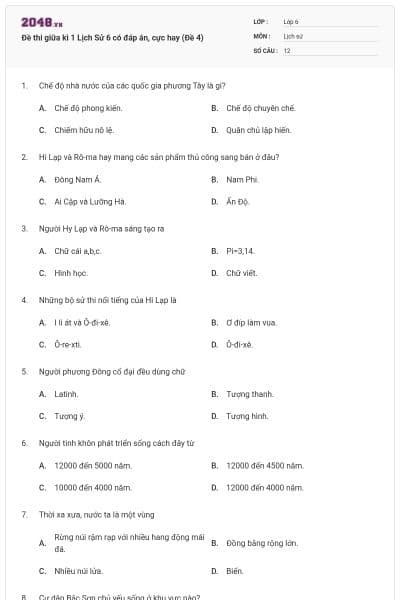 Đề thi giữa kì 1 Lịch Sử 6 có đáp án, cực hay (Đề 4)