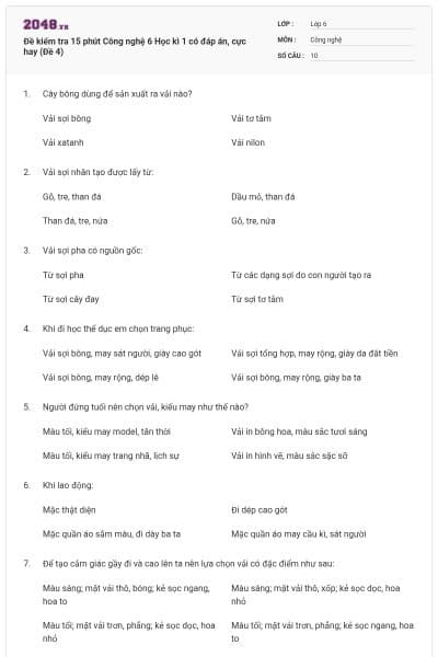 Đề kiểm tra 15 phút Công nghệ 6 Học kì 1 có đáp án, cực hay (Đề 4)