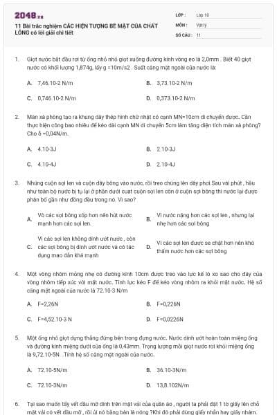 11 Bài trắc nghiệm CÁC HIỆN TƯỢNG BỀ MẶT CỦA CHẤT LỎNG có lời giải chi tiết