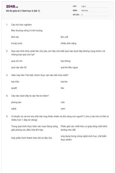 Đề thi giữa kì 2 Sinh học 6 (Đề 1)