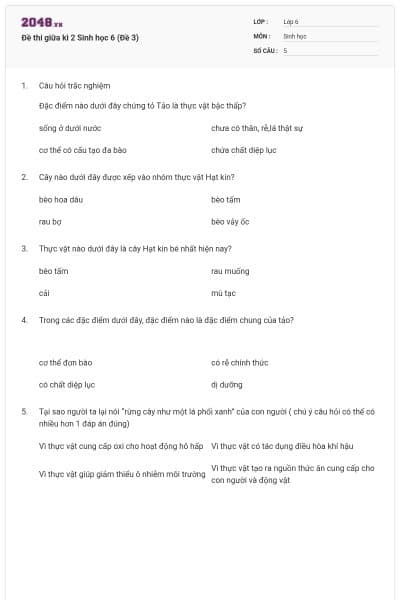 Đề thi giữa kì 2 Sinh học 6 (Đề 3)
