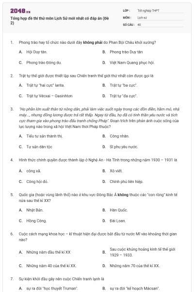 Tổng hợp đề thi thử môn Lịch Sử mới nhất có đáp án (Đề 2)