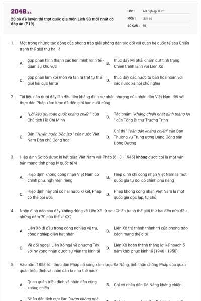 20 bộ đề luyện thi thpt quốc gia môn Lịch Sử mới nhất có đáp án (P19)