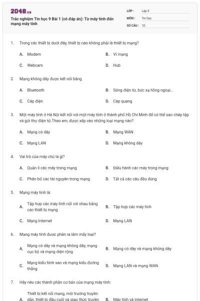 Trắc nghiệm Tin học 9 Bài 1 (có đáp án): Từ máy tính đến mạng máy tính