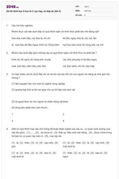 Đề thi Sinh học 6 học kì 2 cực hay, có đáp án (Đề 5)