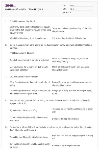 Đề kiểm tra 15 phút Vật Lí 7 học kì 2 (Đề 3)