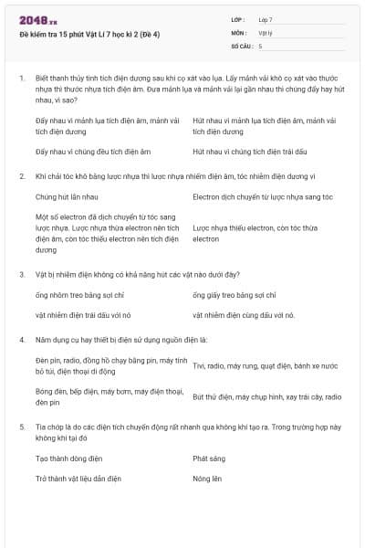 Đề kiểm tra 15 phút Vật Lí 7 học kì 2 (Đề 4)