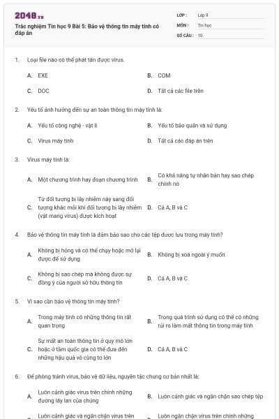 Trắc nghiệm Tin học 9 Bài 5: Bảo vệ thông tin máy tính có đáp án