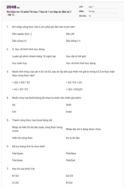 Đề kiểm tra 15 phút Tin học 7 Học kì 1 có đáp án (Bài số 1 - Đề 1)