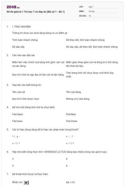Đề thi giữa kì 1 Tin học 7 có đáp án (Bài số 1 - Đề 1)
