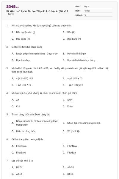 Đề kiểm tra 15 phút Tin học 7 Học kì 1 có đáp án (Bài số 1 - Đề 1)