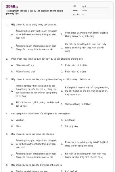Trắc nghiệm Tin học 9 Bài 12 (có đáp án): Thông tin đa phương tiện