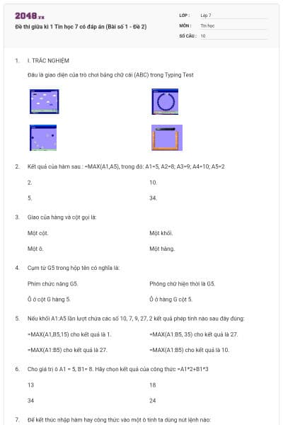 Đề thi giữa kì 1 Tin học 7 có đáp án (Bài số 1 - Đề 2)