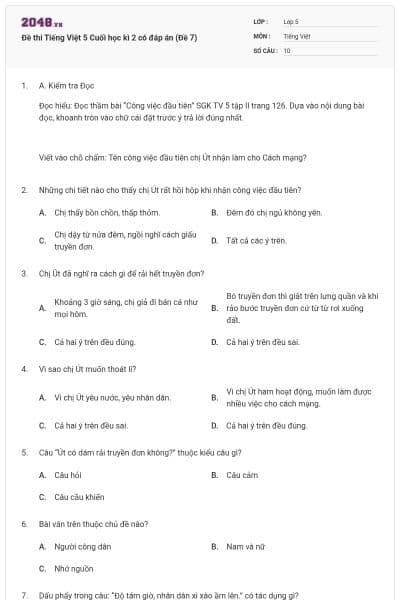 Đề thi Tiếng Việt 5 Cuối học kì 2 có đáp án (Đề 7)