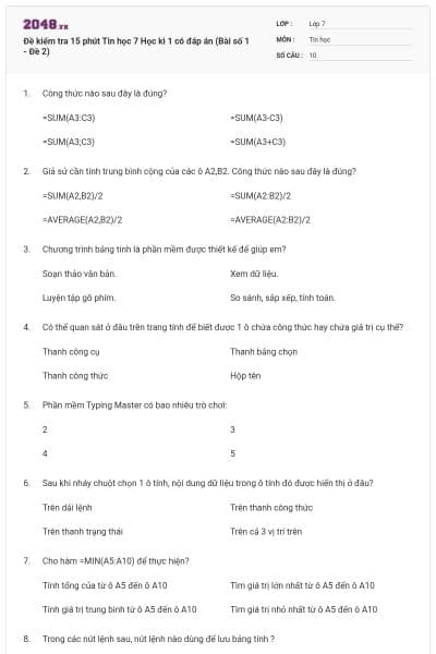 Đề kiểm tra 15 phút Tin học 7 Học kì 1 có đáp án (Bài số 1 - Đề 2)