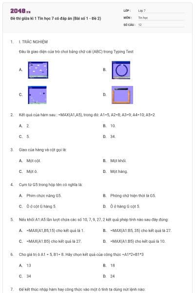 Đề thi giữa kì 1 Tin học 7 có đáp án (Bài số 1 - Đề 2)