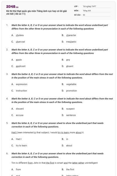 Đề thi thử thpt quốc gia môn Tiếng Anh cực hay có lời giải chi tiết ( Đề số 11)
