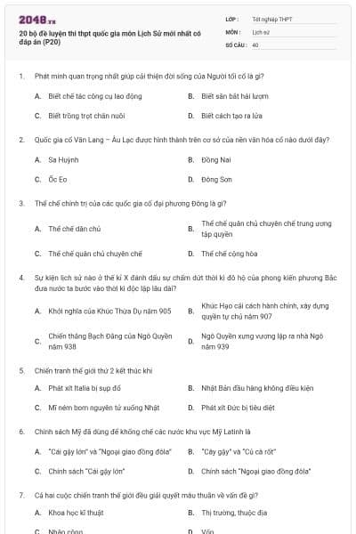20 bộ đề luyện thi thpt quốc gia môn Lịch Sử mới nhất có đáp án (P20)